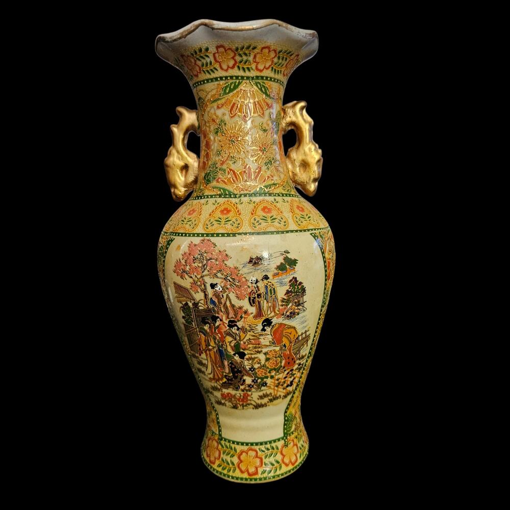 Vintage Japanese Satsuma Moriage Vase Dragon Handles Hand Painted